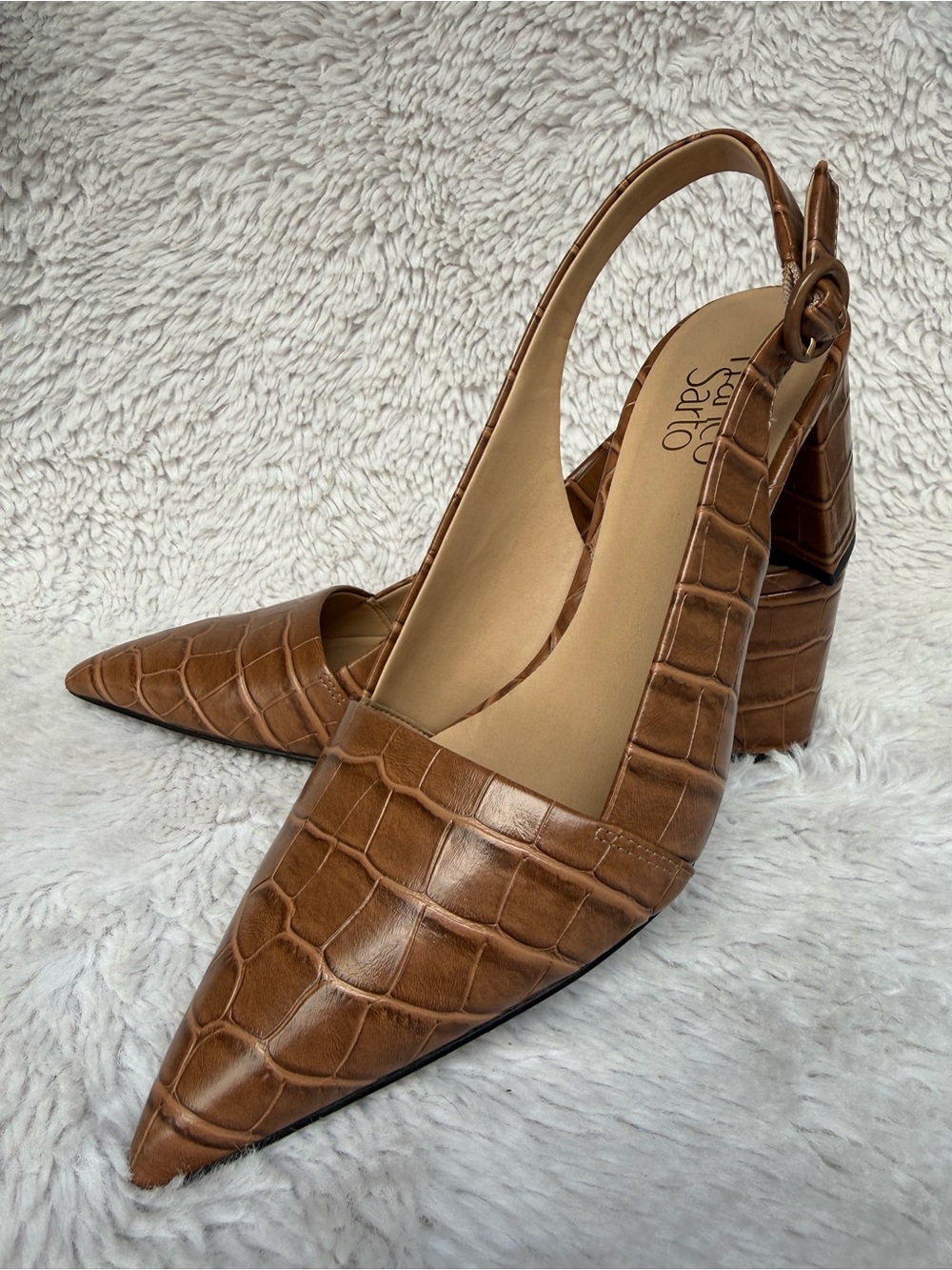 Women's Brown Croc-Embossed Slingback Block Heel Pumps bye Franco Sarto